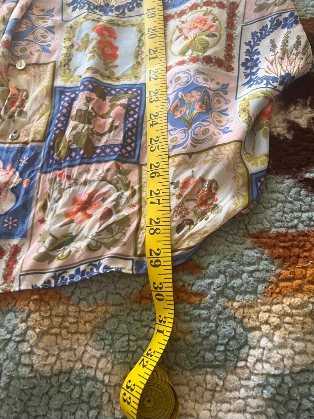 Rose & Olive Floral Patchwork Button-Down Shirt - Blue/Cream/Green-size L - Picture 9 of 10
